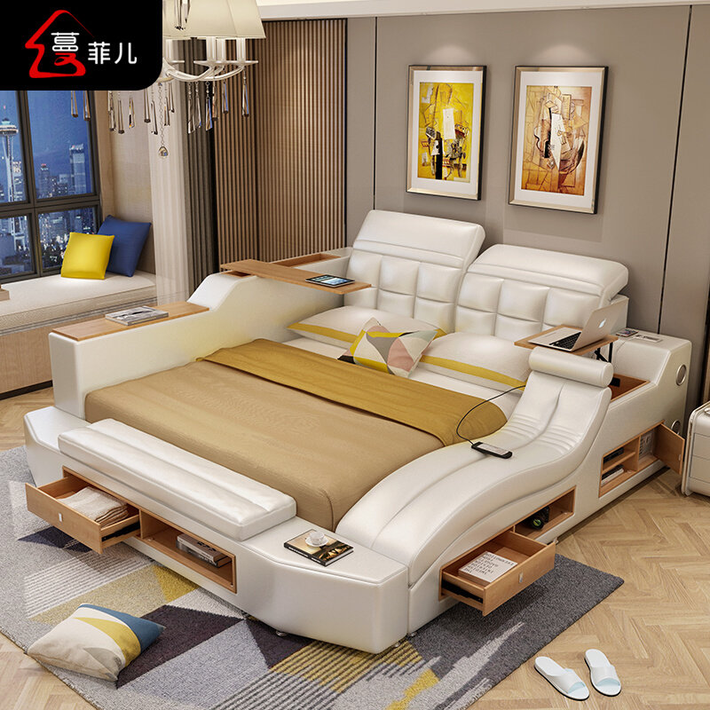 Massage Tatami tatami leather beds genuine leather beds Double beds Large beds 1 8 multifunction modern minimalist master bedroom storage wedding bed