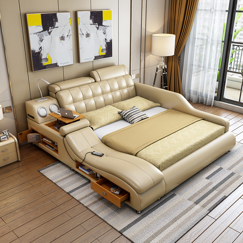 Massage Tatami Bed Leather Bed Leather Bed Leather Bed Double Man Bed 1 8 m Wedding Bed Soft Bed Multifunction Modern Minimalist Master Bedroom