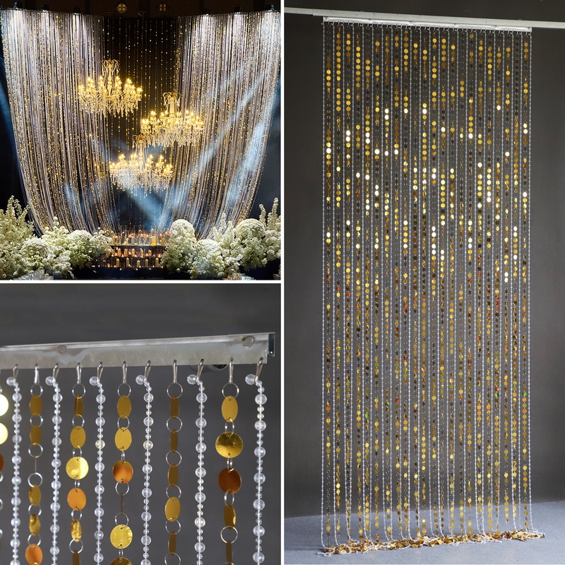 Old Money Style Wedding Decoration Gold Bead Curtain Hanging Curtain Black and Gold Wedding Stage Background Decoration Crystal Bead Curtain Sequin Curtain