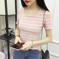 Mùa hè 2019 phiên bản Hàn Quốc của áo thun cotton cổ tròn quây sọc trắng đen, áo sơ mi nữ tay ngắn áo phông trắng