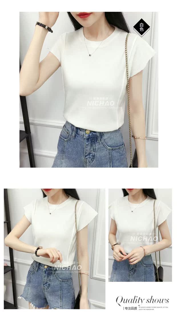 Mùa hè mới Hàn Quốc băng lụa đan đầu của phụ nữ Slim tay ngắn mỏng tay áo ngắn đoạn ngắn Áo sơ mi mỏng đáy áo len cổ cao
