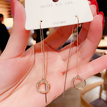 South Korean pure silver earrings long style female Korean style advanced sensation inlaid zircon light extravagant wire flummire fashion personality earrings