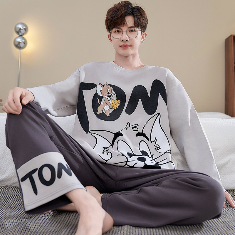 Pajamas for Men, Spring and Autum, Long-Sleeved, Pure Cotton, Cartoon, Teenagers, Autum, Thin, Pure Cotton, Junior High School Students, Home Wear Set