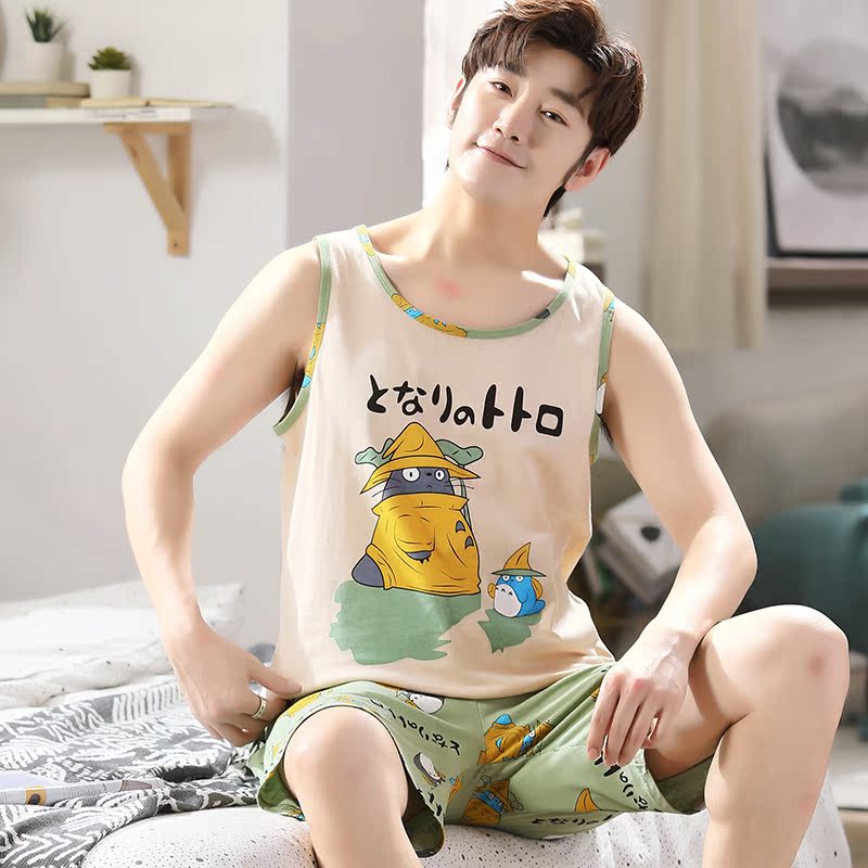 Teen boys đồ ngủ cotton mùa hè vestth học sinh trung học cơ sở không tay cartoon nhà quần áo bộ mùa hè.