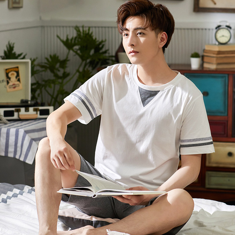 Mens đồ ngủ cotton mùa hè đồ ngủ ngắn tay mens mùa hè mỏng bông lỏng kích thước lớn thanh thiếu niên quần áo nhà thiết.