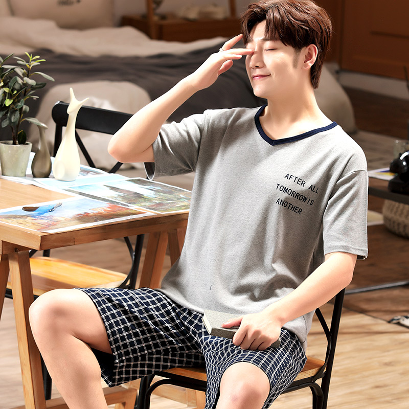 Bộ đồ ngủ Mens Summer bông ngắn tay áo Mens Home Mang Teen Thin Summer Casual Loose Big Size Set.