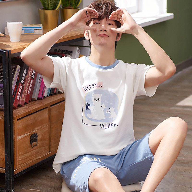 Bộ đồ ngủ Mens Summer mỏng ngắn tay áo bông Junior High School Student cartoon Teen trai Summer Home Suit.