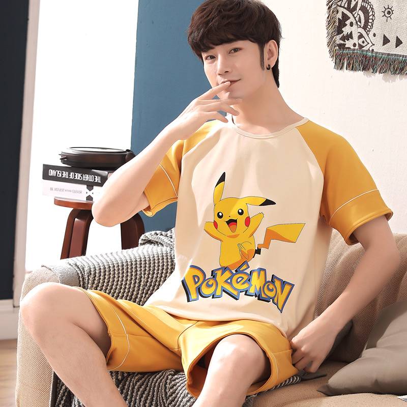 Bộ đồ ngủ Mens Summer mỏng ngắn tay áo bông Junior High School Student cartoon Teen trai Summer Home Suit.