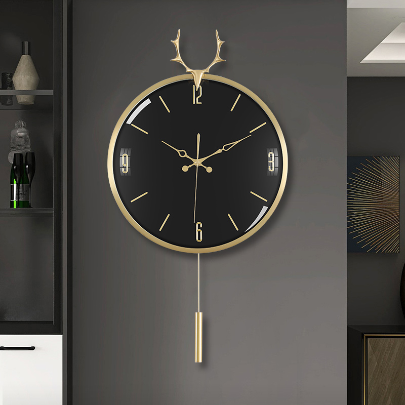 Net red light extravagant hanging clock living room minimalist modern home fashion clock table Nordic deer head hanging wall pure copper hanging table