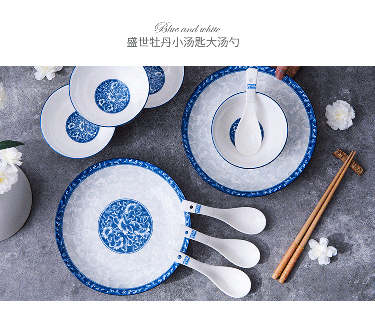 Peony blue and white porcelain tableware suit ya cheng DE dish bowl, ceramic dishes suit household of Chinese style and contracted wind in China