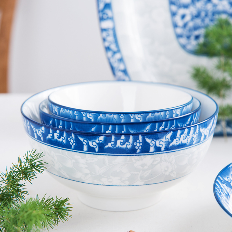 Eat dishes home household of Chinese style, cheng DE millennium peony blue and white porcelain tableware creative four dishes