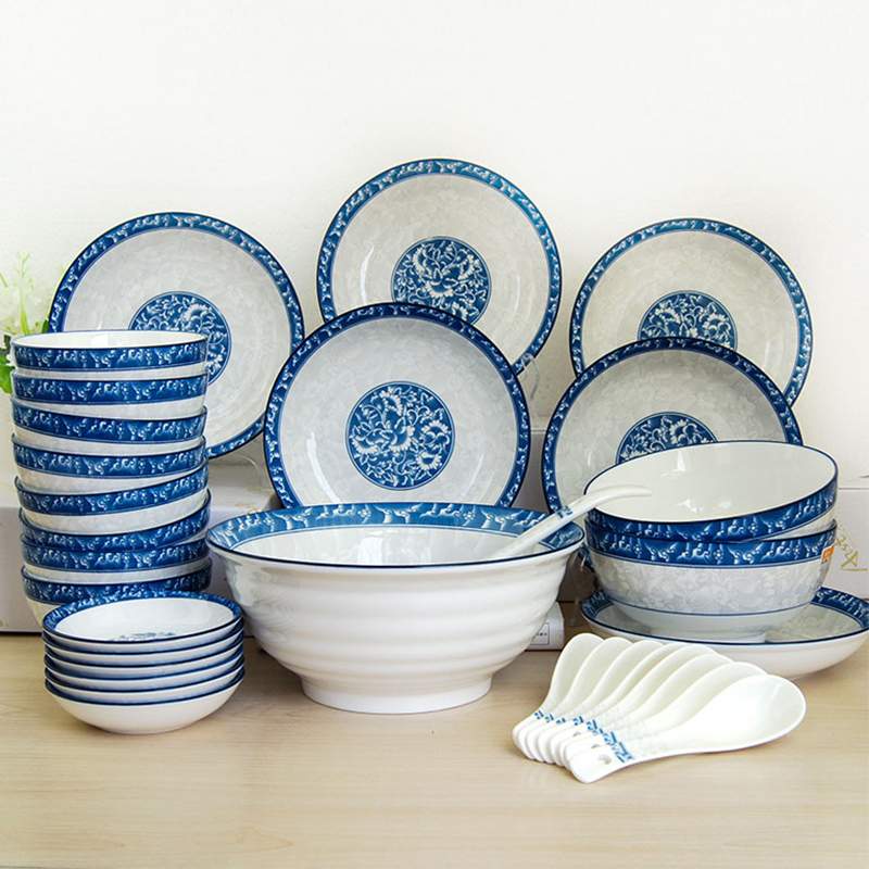 Peony blue and white porcelain tableware suit ya cheng DE dish bowl, ceramic dishes suit household of Chinese style and contracted wind in China