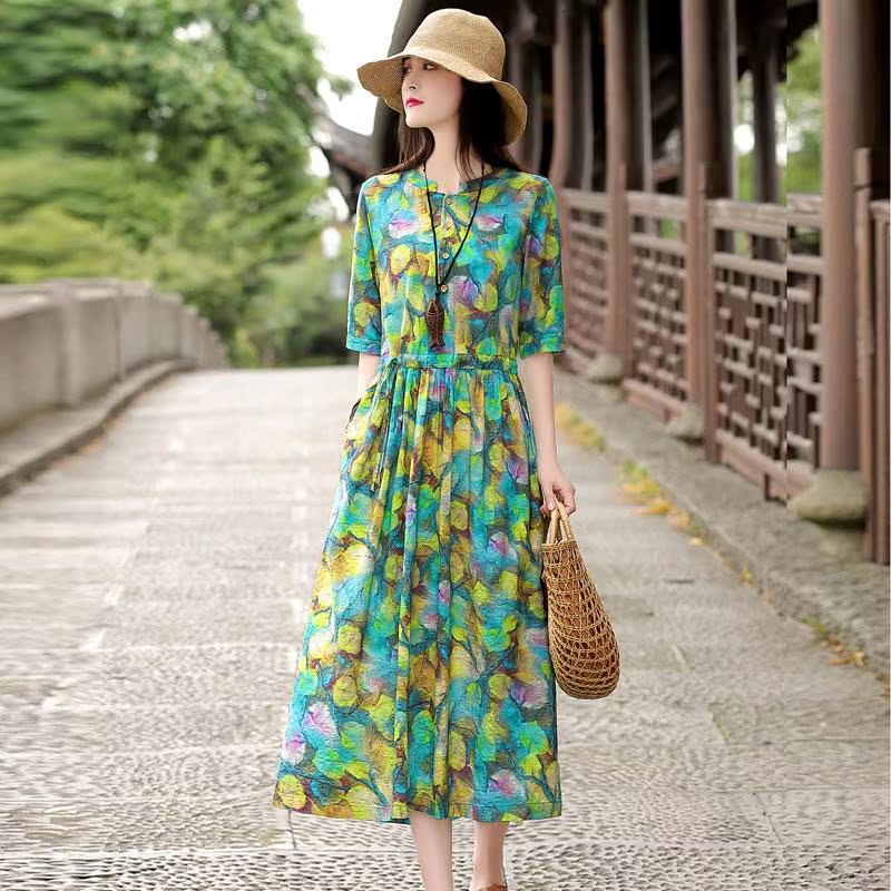 Leaf FlowerBroken flower Dress female summer wear 2021 new pattern Show thin temperament Close your waist Middle sleeve Cotton and hemp Over the knee Long skirts spring leisure time