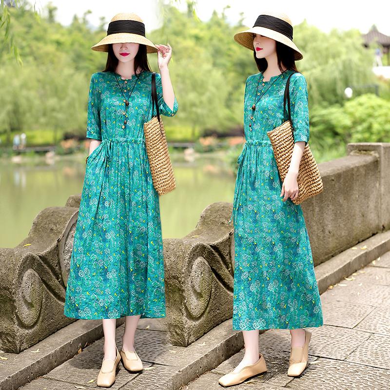 Grass GreenBroken flower Dress female summer wear 2021 new pattern Show thin temperament Close your waist Middle sleeve Cotton and hemp Over the knee Long skirts spring leisure time