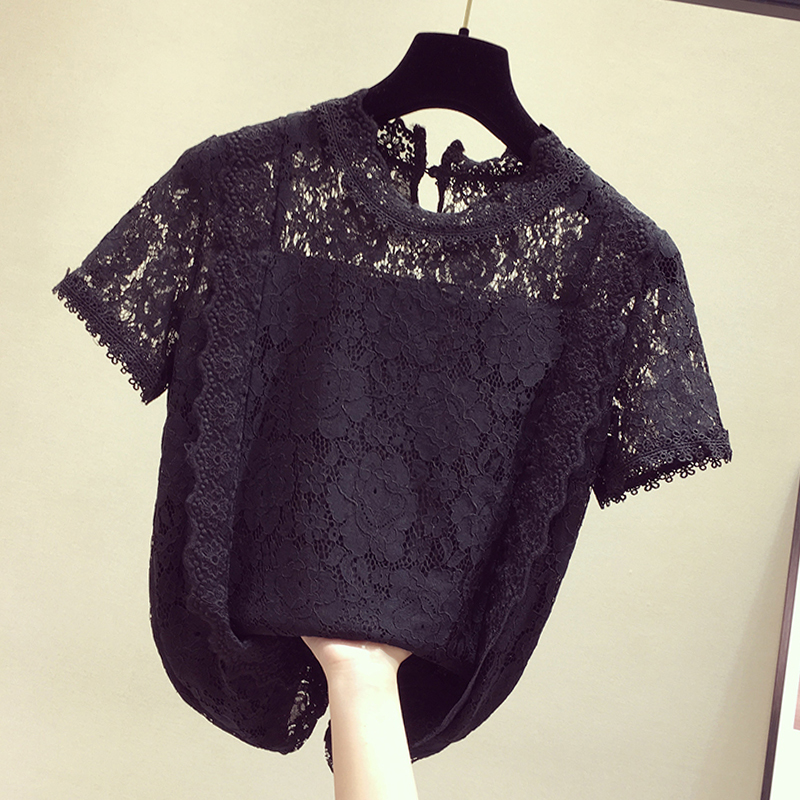 Lace Jersey Woman Short Sleeve Loose 2020 New Korean version Fashion foreign T-shirt female black 100 hitch hollowed-out blouse Women