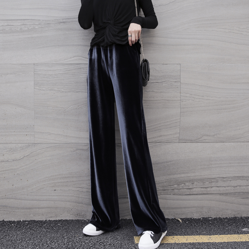 Large size women's gold velvet wide leg pants fat mm200 catty thin straight tube mop pants high waist loose casual pants