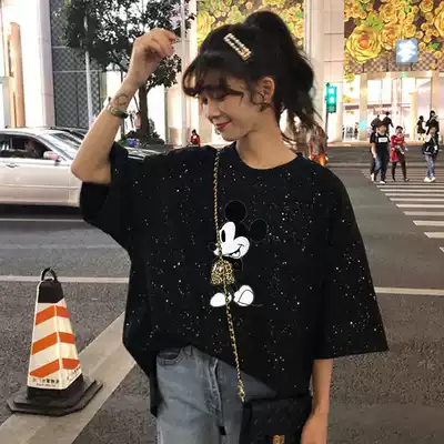 Mickey Mouse medium and long short sleeve t-shirt women fat mm loose thin sparkling sequins covering belly 300 Jin large size women's clothing