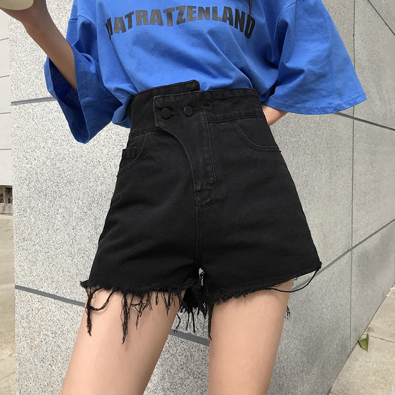 Korean black denim shorts women's 2022 summer new Korean version ultra-high waist loose and thin a-line wide-leg hot pants