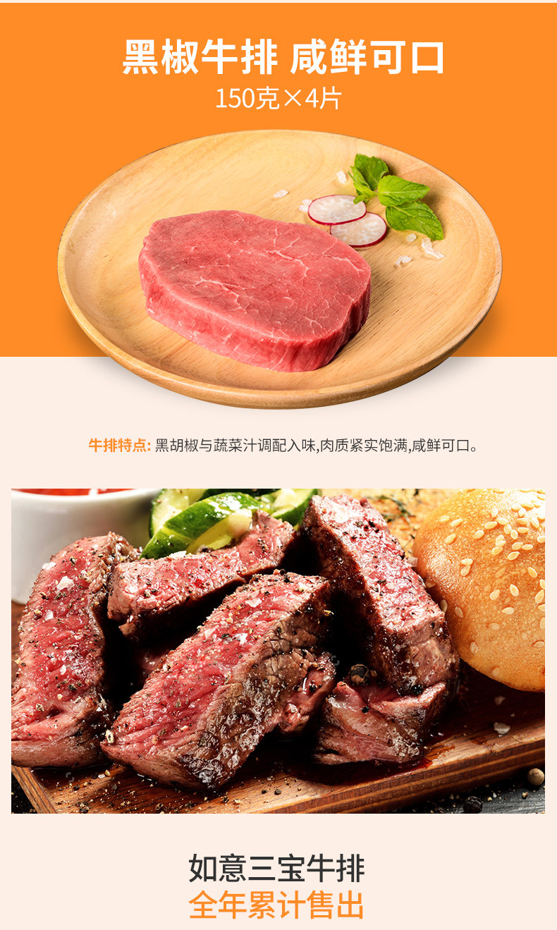 如意三宝 澳洲进口 整切牛排 10片厚切 共1540g 图6