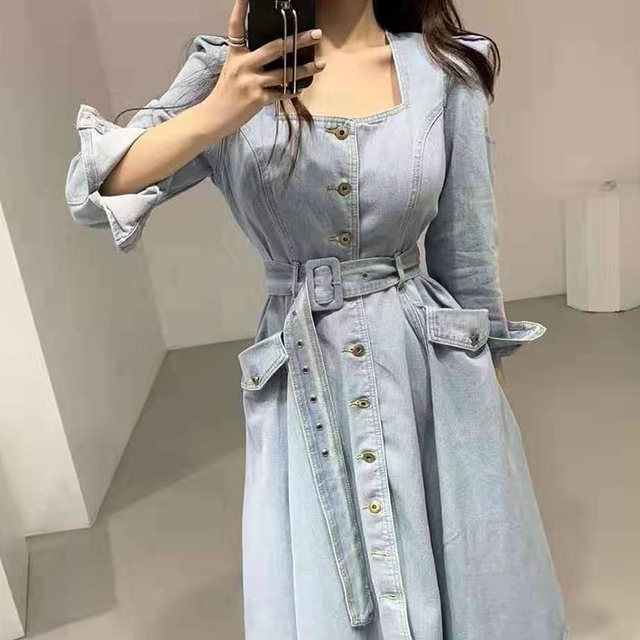 Plus-size denim dress women's autumn 2022 new style light and familiar style square neck tie waist slimming long-sleeved skirt