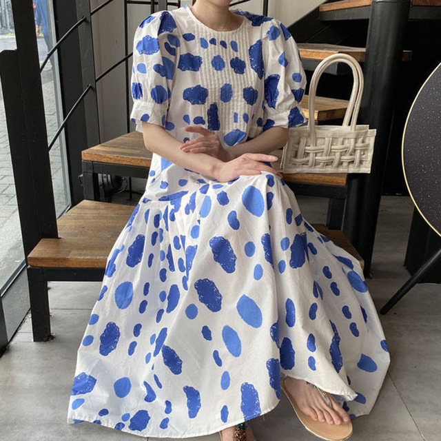 Korean chic foreign style print pleated design high waist large swing dress 2020 summer new French dress for women