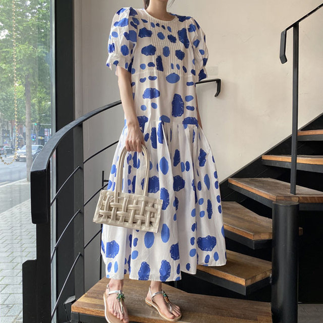 Korean chic foreign style print pleated design high waist large swing dress 2020 summer new French dress for women