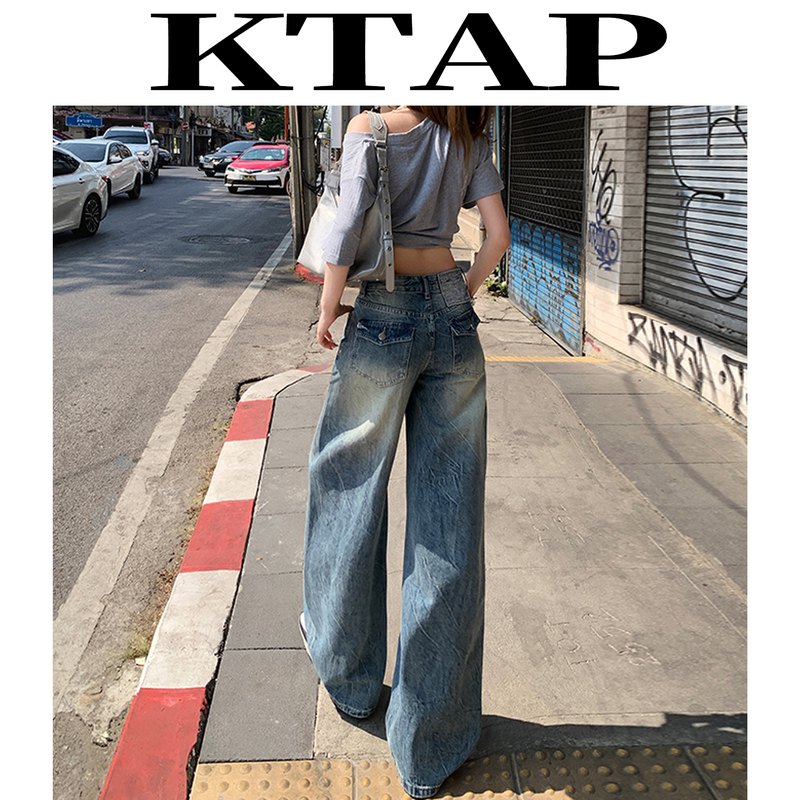 American Retro Low-Waisted Wide-Leg Jeans for Women 2026 New Style Embroidered Logo Design Loose Light Blue Straight Pants