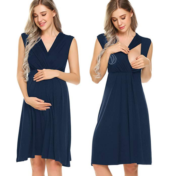 European and American Maternity Dresses with Sleeves, Summer Dresses, Elegant V-Neck Nursing Dresses, Slimming Petite Maternity Dresses, Women's Summer Sleeveless Dresses
