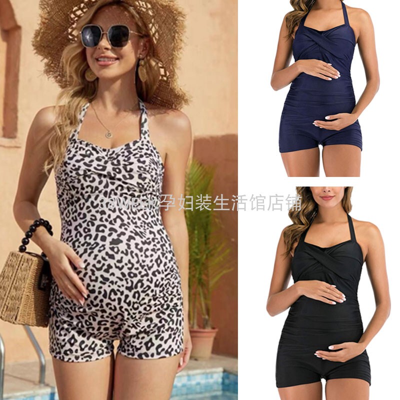 Maternity One-Piece Swimsuit with Leopard Print, Halter Neck, Padded, Boyshorts, Backless, Conservative Swimwear for Pregnancy