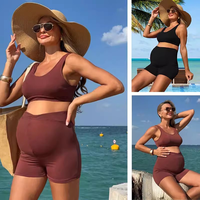 Maternity Swimwear Two-Piece Set, Tank Top and Boyshorts, High-Waisted, Belly-Supporting, Conservative, Non-Constricting during Pregnancy Maternity Swimwear Two-Piece Set, Tank Top and Boyshorts, High-Waisted, Belly-Supporting, Conservative, Non-Constricting during Pregnancy
