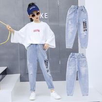 Girls Breaking Jeans 2021 New Spring and Autumn Dress Childrens Casual Pants Pupils Girls Loose Pants