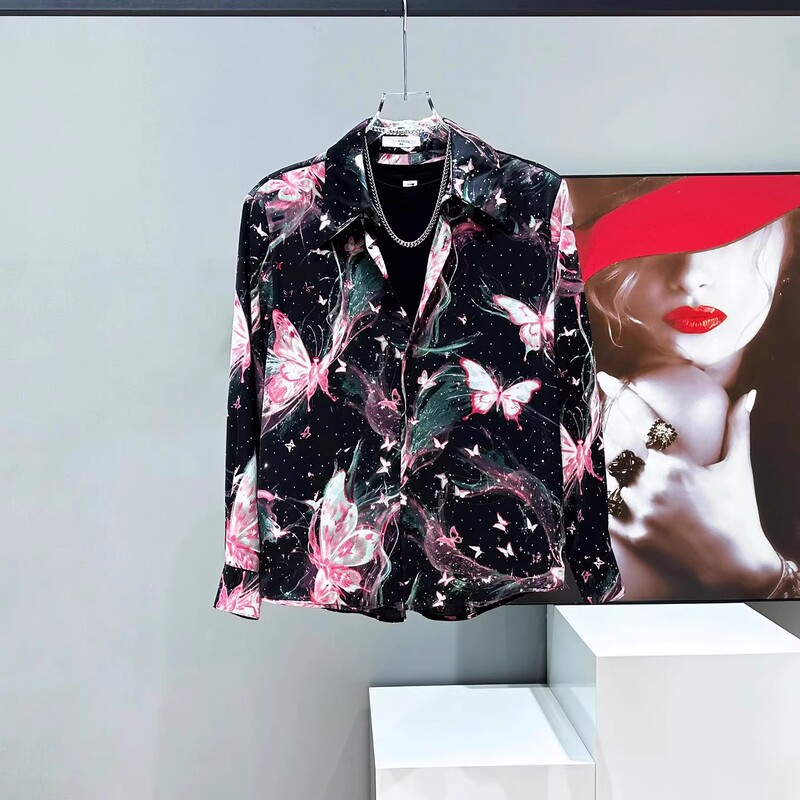 High-End Hot Diamond Butterfly Print Long-Sleeved Shirt Men's Spring and Summer 2025 New Relaxed Starry Shirt Trendy