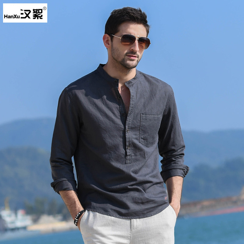 メンズ春物長袖カジュアルリネンシャツ。スタンドカラー、トレンディでゆったりとしたフィット感。