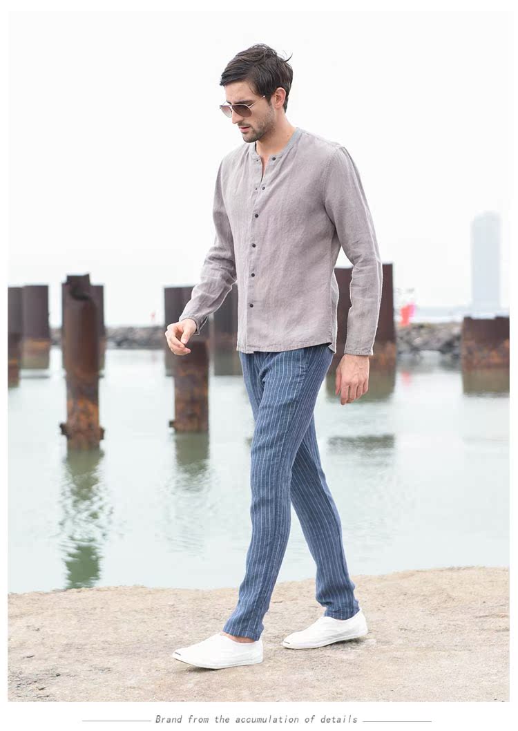Han Xuchun mùa xuân và mùa hè dệt sọc kẻ sọc quần âu nam thẳng quần dài cotton cotton thoáng khí quần nam - Crop Jeans quần sịp