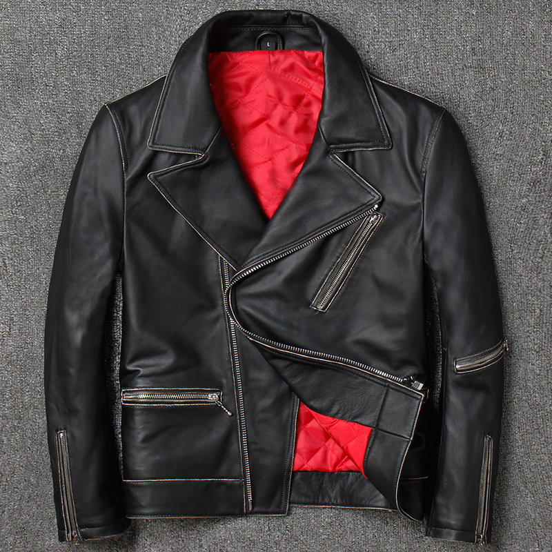 Haining sheepskin leather motorcycle suit Korean version of self-cultivation plus cotton autumn and winter personality youth leather jacket diagonal zipper