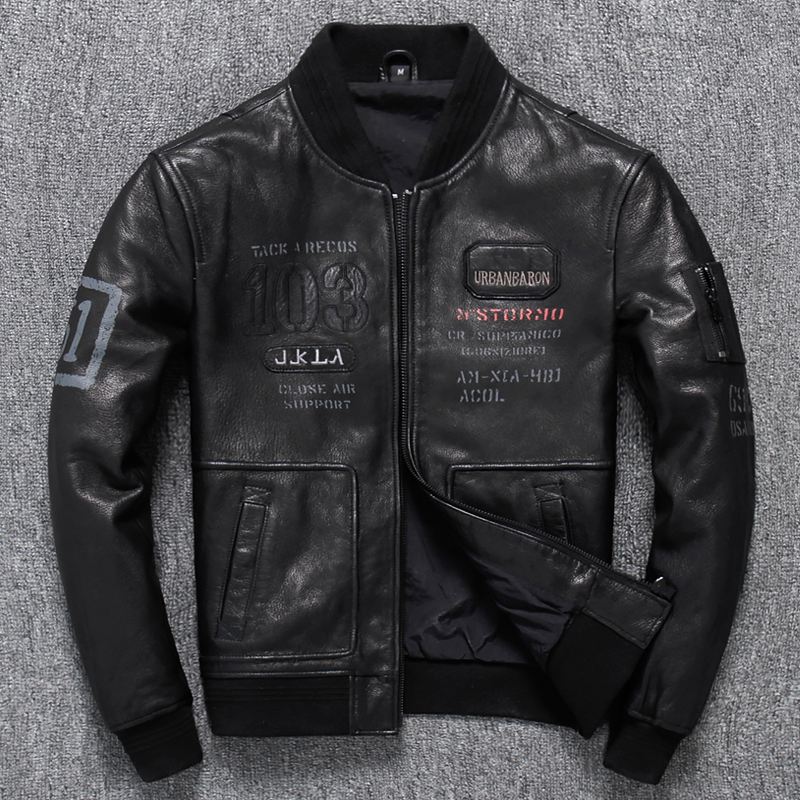 Vegetable tanned thick sheepskin single layer leather cowhide grain embroidered Harley motorcycle suit leather jacket genuine leather jacket men's