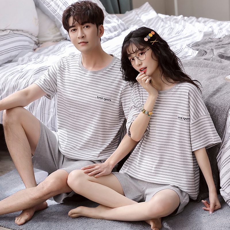 2 Sets Price Couples Pyjamas Summer Pure Cotton Short Sleeves Thin striped Casual Home Wear women Summer Grand sizes Sizes Suit Men