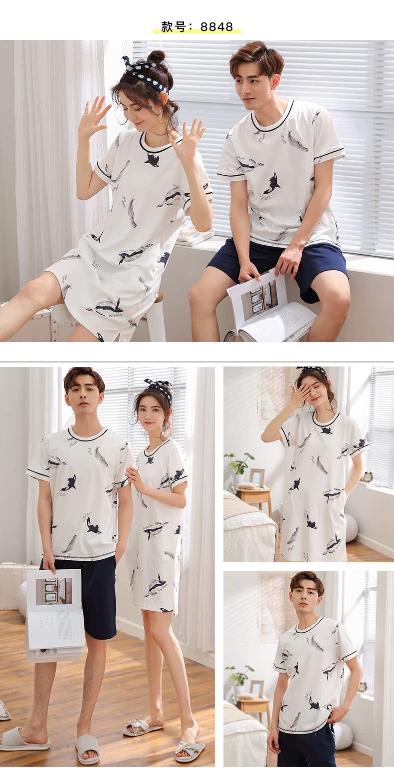 2 bộ của mùa hè các cặp vợ chồng đồ ngủ ngắn tay cotton Hàn Quốc dễ thương nightdress nữ mùa hè phục vụ nhà phù hợp với nam giới của phần mỏng bộ đồ thể thao nữ
