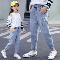 Girls  jeans spring and autumn Korean version of Western style outer wear trousers Autumn childrens perforated small feet pants medium and large childrens pants