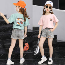 Girls  suit summer 2020 new ten-year-old girl western style fashionable shorts childrens short-sleeved net red tide two-piece suit