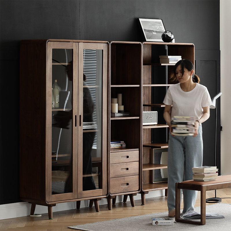 North American black walnut bookcase combination Nordic solid wood bookshelf with glass door bookshelf new Chinese floor-to-ceiling bookcase