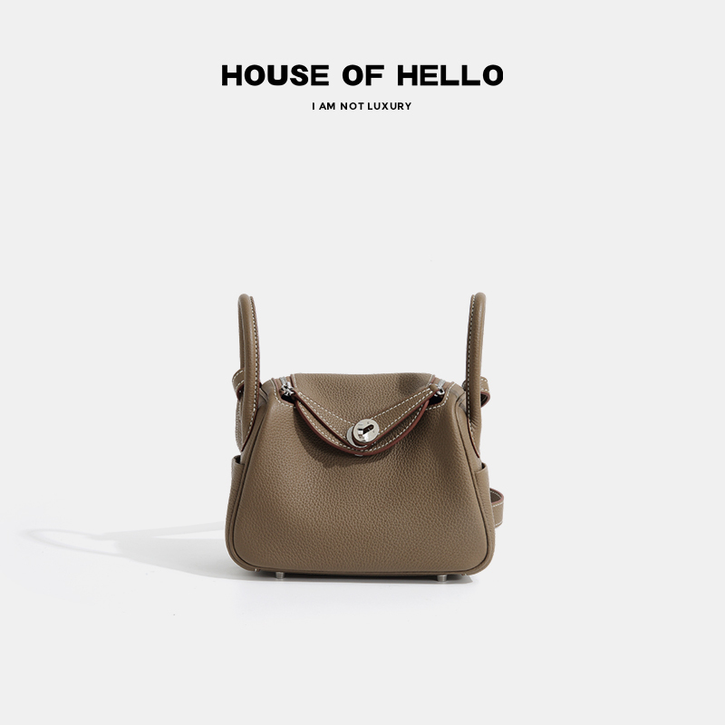 Houseofhello Textured Lindy Bag Genuine Leather Doctor Bag Handbag Crossbody Large Capacity Shoulder Bag Light Luxury Women's Bag