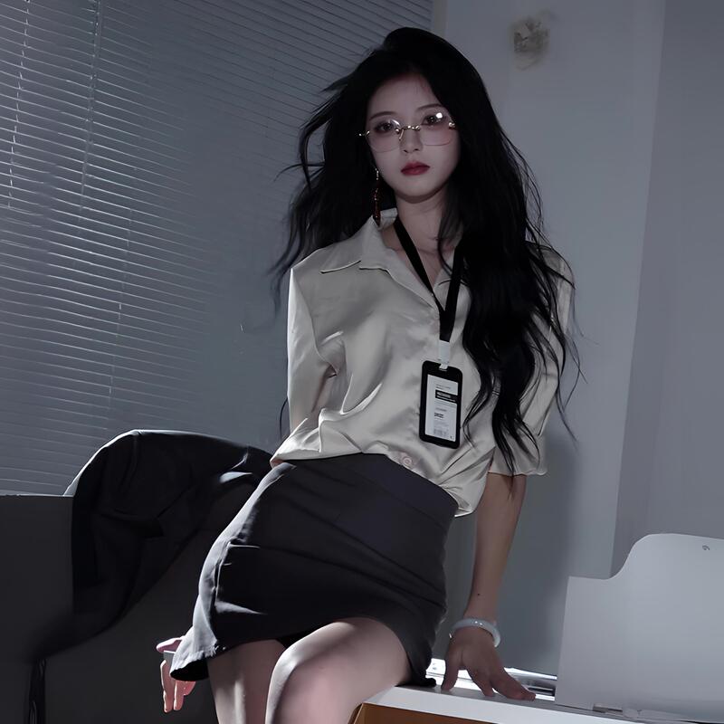 Purely Alluring Waist-Cinching Sexy White Shirt with Long Sleeves, Mature Lady Style Ol Secretary Uniform, Hip-Hugging Short Skirt Workwear Set