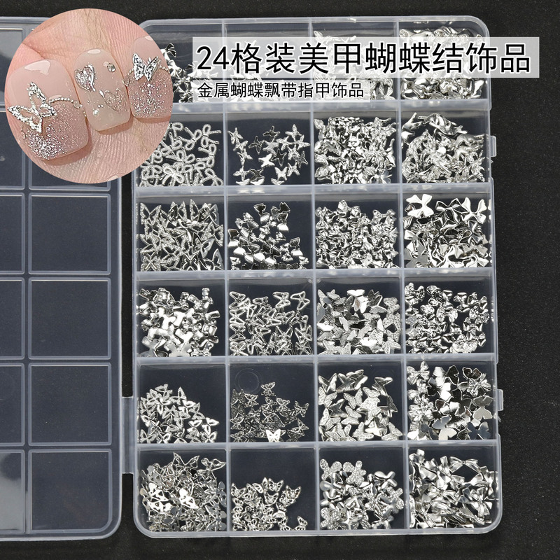 【480 Pieces】24-Grid Pack of Popular Silver Metal Bow Nail Art Decorations, Light Luxury DIY Ribbon Nail Accessories 【480 Pieces】24-Grid Pack of Popular Silver Metal Bow Nail Art Decorations, Light Luxury DIY Ribbon Nail Accessories