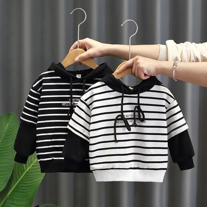 Boys Sweater 2021 Autumn Children's Spring Boys Spring and Autumn New Children's Striped Fake Two-Piece Hoodie