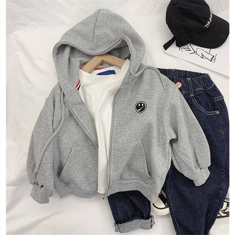 Boys Sweater 2021 Autumn Children's Spring Boys Spring and Autumn Hooded Cardigan Jacket Zipper Solid Color Tide Smiley