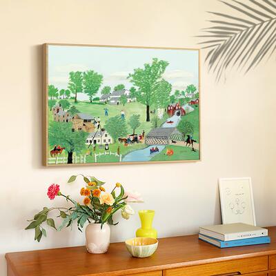 Grandma Moses' fresh and clean landscape hanging paintings, Nordic pastoral landscape paintings, healing oil paintings, dining room and living room decorative paintings