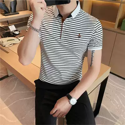Summer striped polo shirt men's short-sleeved cotton slim embroidered Raff middot Lauren polo top casual versatile lapel men's T-shirt