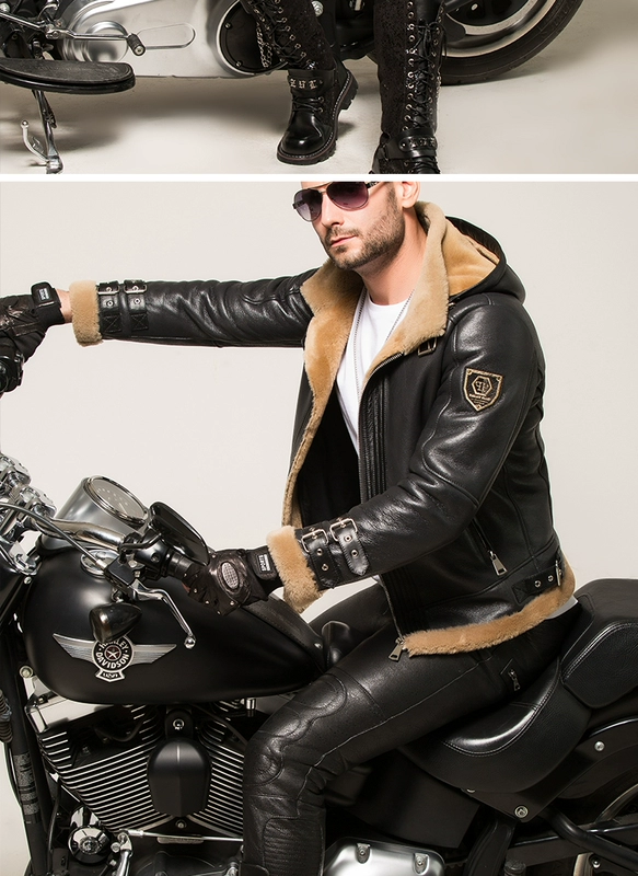 Quần da nam da đầu xe Harley lông dê giản dị một lớp dày cộng với nhung xe máy Slim mùa thu và mùa đông mới - Quần da