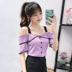 Bump màu knitsweater ngắn tay t-shirt mùa hè của phụ nữ Hàn Quốc phiên bản của off-vai sling ngắn đầu cơ thể giảm áo búp bê 